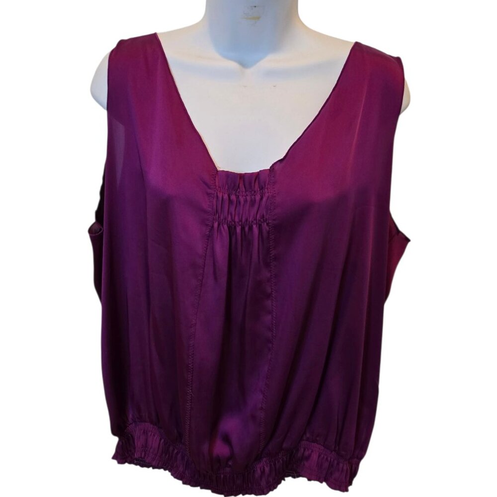 Apostrophe XL Purple Satin Sleeveless Blouse Flowy Smocked Hem Career Top
